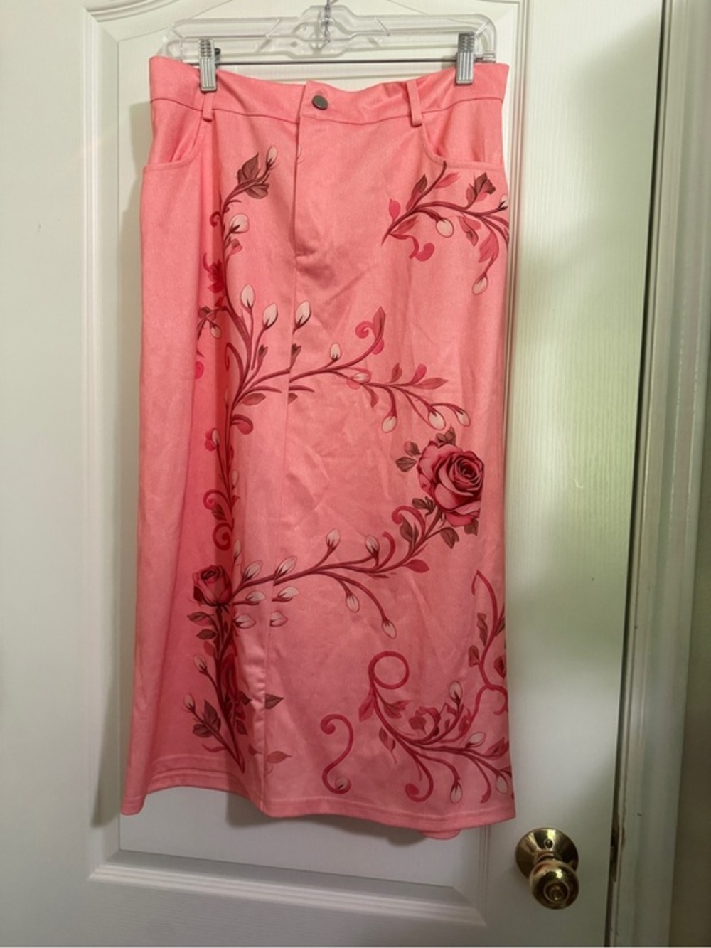 Pink Floral Maxi Skirt with Rose Vine Print